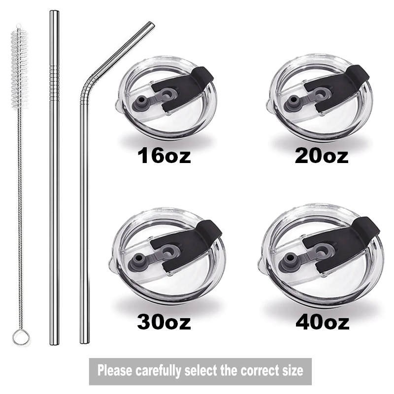 Combo 1 Replacement Lid, 2 Straws And 1 Cleaner Brush - BPA Free Lid, Stainless Steel Metal Straws With Cleaner Brush Set - Reusable Drinking Accessories For Tumblers, Mugs, Cups