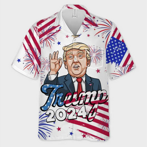 2024 We're Here With Trump - US Election Unisex Tropical Hawaiian Aloha Shirt - Summer Vacation Gift For Trump Supporters