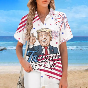 2024 We're Here With Trump - US Election Unisex Tropical Hawaiian Aloha Shirt - Summer Vacation Gift For Trump Supporters