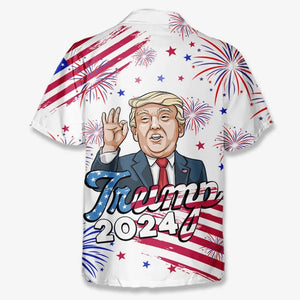 2024 We're Here With Trump - US Election Unisex Tropical Hawaiian Aloha Shirt - Summer Vacation Gift For Trump Supporters