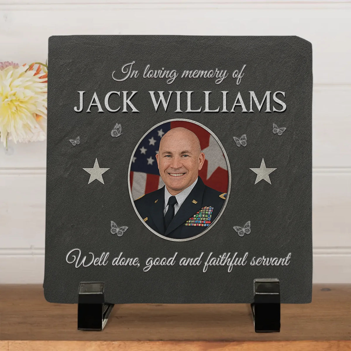 Custom Photo Always In Our Hearts - US Patriotic Pride Square Shaped Memorial Stone