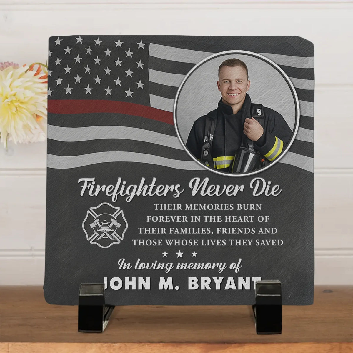 Custom Photo Firefighters Never Die - US Patriotic Pride Square Shaped Memorial Stone