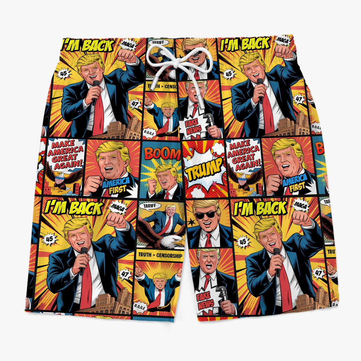 Republican State Tropical Hawaiian Aloha Men Beach Shorts - US Patriotic Pride Summer Vacation And Travel Gifts For Conservative Supporters - Power, Freedom, Mic Drop