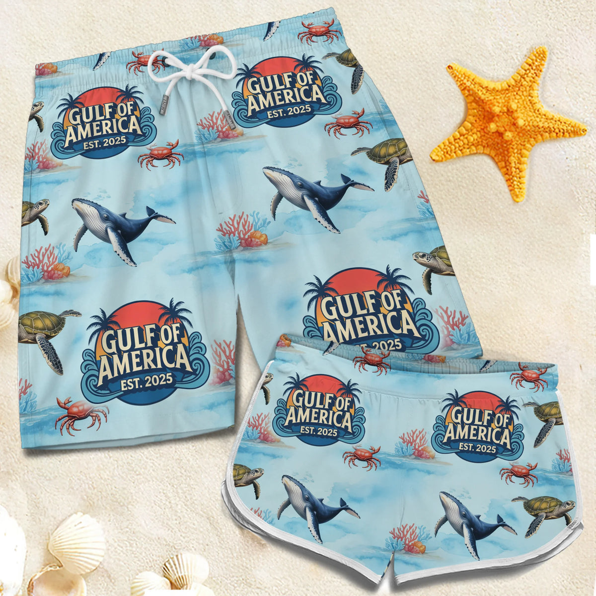 Gulf Of America Republican State Tropical Hawaiian Aloha Couple Beach Shorts - US Patriotic Pride Summer Gifts For Conservative Supporters - Gulf Waves, Freedom Days