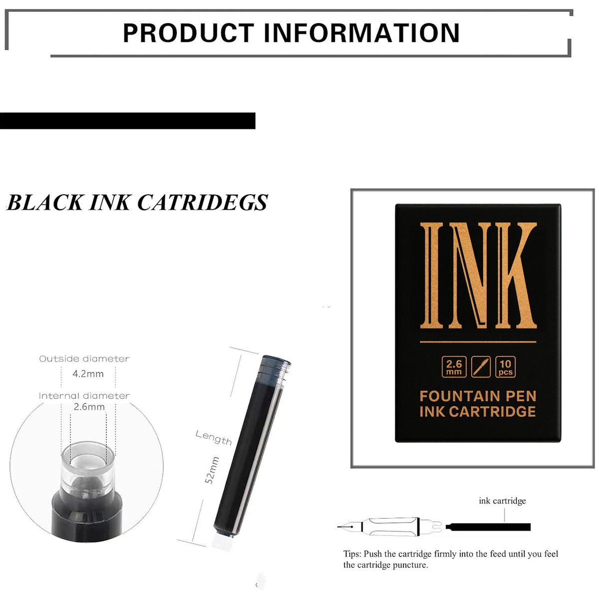 Republican State 2.6mm Fountain Pen Ink Cartridges - Pack Of 10 Black Refills