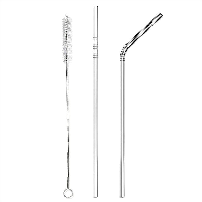 Combo 2 Straws and 1 Cleaner Brush - Stainless Steel Metal Straight and Curved Straws with Cleaner Brush Set - Reusable Drinking Straws  For 20 Ounce Tumbler, 30 Ounce Tumbler, Mugs, Cups