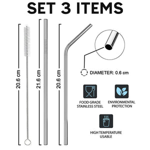 Combo 2 Straws and 1 Cleaner Brush - Stainless Steel Metal Straight and Curved Straws with Cleaner Brush Set - Reusable Drinking Straws  For 20 Ounce Tumbler, 30 Ounce Tumbler, Mugs, Cups